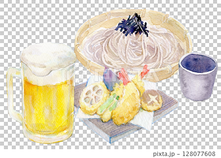 水彩插圖、手繪插圖、天婦羅蕎麥麵和啤酒套裝 水彩插圖、手繪插圖、天婦羅蕎麥麵和啤酒套裝 128077608