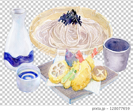 水彩插圖、手繪插圖、天婦羅蕎麥麵和清酒套裝 水彩插圖、手繪插圖、天婦羅蕎麥麵和清酒套裝 128077659