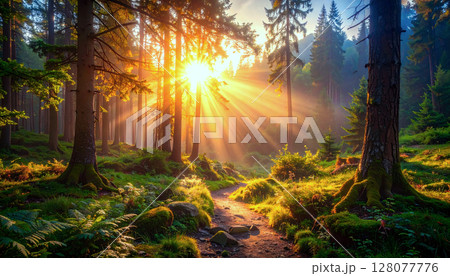 golden sunlight streaming through forest canopy, nature background, warm atmospheric glow 128077776
