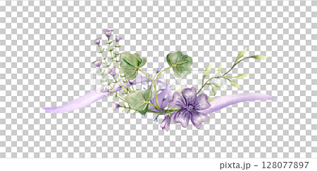 Watercolor Botanical Ribbon composition with Purple Flowers 128077897