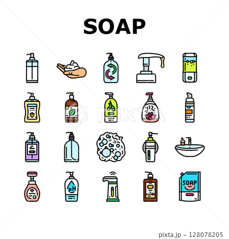 liquid soap cleanser hygiene icons set vector 128078205