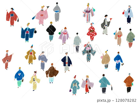 手描きイラスト　着物を着て歩く人々 128078282