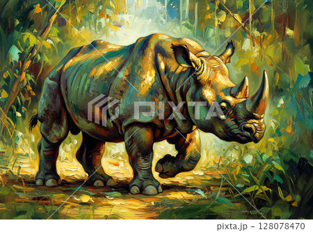 Bold impasto oil painting of a rhinoceros in its lush natural habitat. Wild animals. 128078470