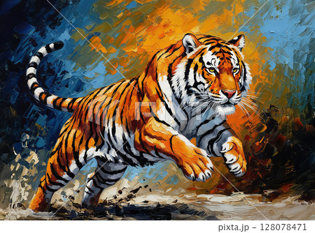 Dynamic impasto oil painting of a tiger in motion with vivid colors. Wild animals. 128078471