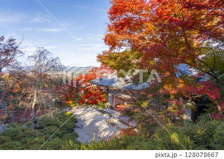 秋の京都　金福寺　残照亭と枯山水庭園 128078667