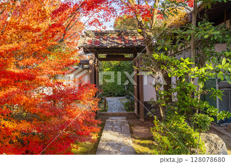 秋の京都　紅葉に包まれた金福寺の境内 128078680