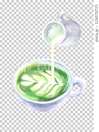 抹茶ラテの水彩イラスト – 緑が美しい和風ドリンク 128078725
