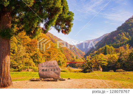 秋田県の抱返り渓谷の秋景色 128078767