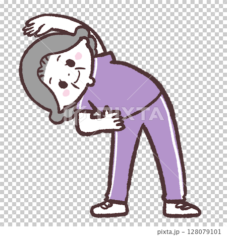 Illustration of a senior woman doing exercises bending her body sideways Illustration of a senior woman doing exercises bending her body sideways 128079101