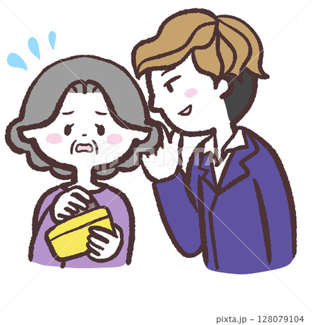 男性の話に焦って財布出すシニア女性のイラスト 128079104