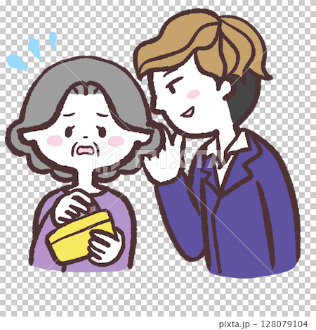 男性の話に焦って財布出すシニア女性のイラスト 128079104
