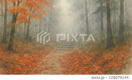 霧に包まれた秋の山道と落ち葉 霧に包まれた秋の山道と落ち葉 128079144