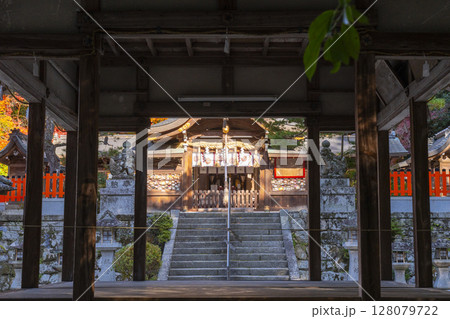 秋の京都 鷺森神社 舞殿から見える拝殿 秋の京都 鷺森神社 舞殿から見える拝殿 128079722