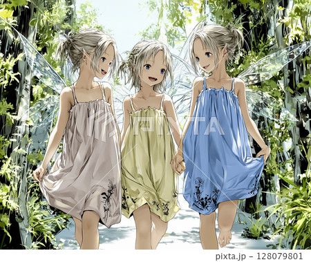 森を散歩するピクシー妖精三姉妹のイラスト素材　幼年期 128079801