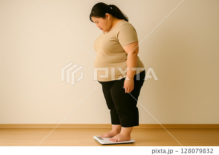 体重計に乗って体型を見つめる女性 128079832