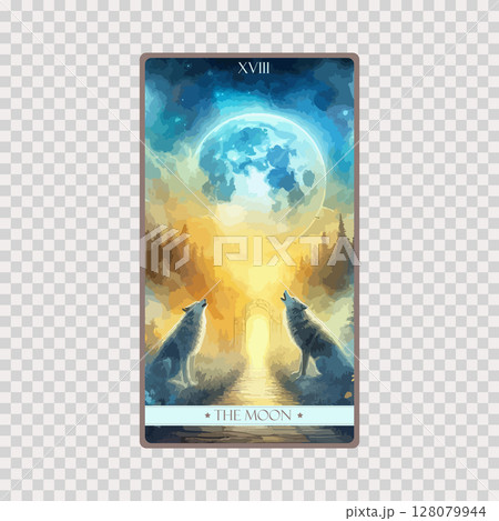 A watercolor Tarot card 'The Moon'.Tarot card colorful deck. Major arcana set part . Occult and alchemy symbolism. 128079944