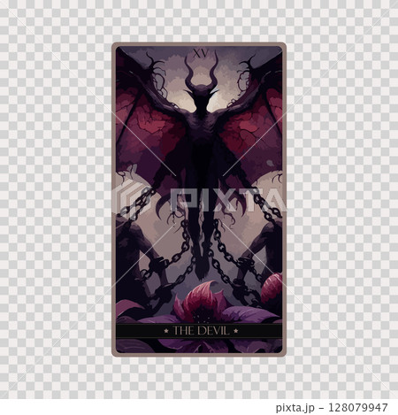 A watercolor Tarot card 'The Devil'.Tarot card colorful deck. Major arcana set part . Occult and alchemy symbolism. 128079947