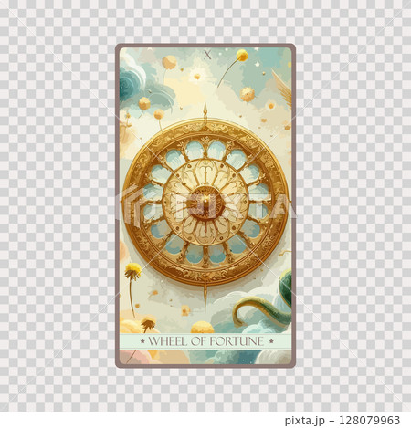 A watercolor Tarot card 'Wheel of Fortune'.Tarot card colorful deck. Major arcana set part . Occult and alchemy symbolism. 128079963