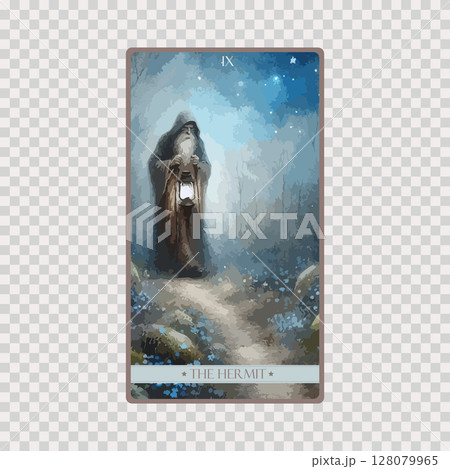 A watercolor Tarot card 'The Hermit'.Tarot card colorful deck. Major arcana set part . Occult and alchemy symbolism. A watercolor Tarot card 'The Hermit'.Tarot card colorful deck. Major arcana set part . Occult and alchemy symbolism. 128079965
