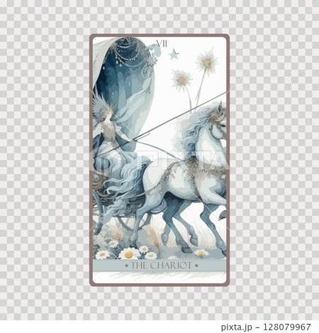 A watercolor Tarot card 'The Chariot'.Tarot card colorful deck. Major arcana set part . Occult and alchemy symbolism. 128079967