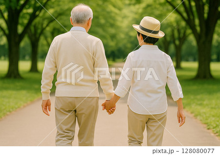 手をつないで並んで歩く高齢夫婦の後ろ姿 128080077