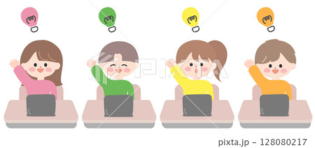 子どもたち　理解した机に座る子どもたち 128080217