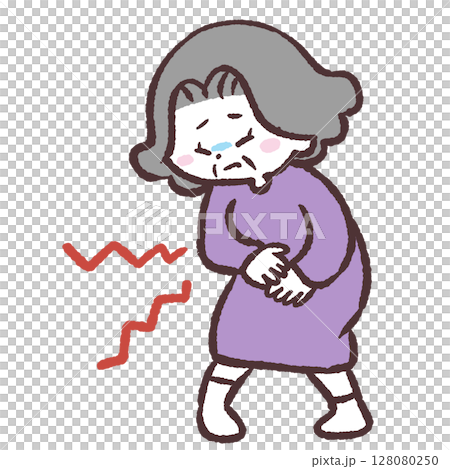 Illustration of a senior woman with a stomach ache 128080250