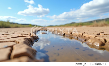干上がった大地と細く流れる水のコントラスト 干上がった大地と細く流れる水のコントラスト 128080254