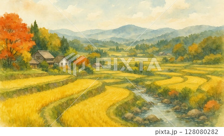 秋の棚田と農村の風景のイラスト素材 [128080282] - PIXTA