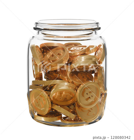 A transparent glass jar filled with coins. spare change concept, Savings, budgeting, financial growth, or collecting 128080342