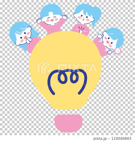 電球から顔を出す子どもたちのイラスト　気づき・理解・発見 128080665