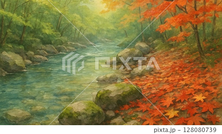 秋の渓流と落ち葉が彩る静かな岩場風景 128080739