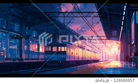 夕暮れの駅に到着する電車 夕暮れの駅に到着する電車 128080857