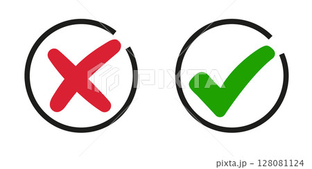 Green check mark, red cross mark icon set. 128081124