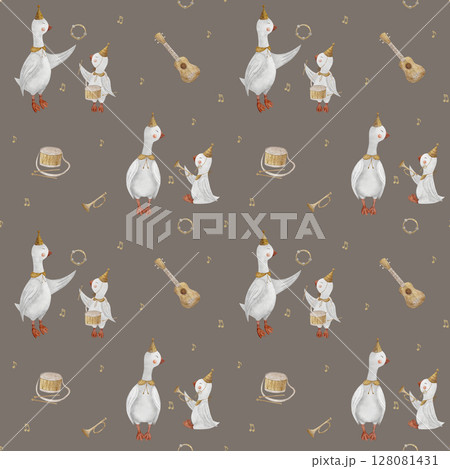 Geese musicians watercolor pattern notes musical instruments guitar drum trumpet. Hand drawn illustration. Seamless print children's style dark brown background for design textiles fabrics wallpaper 128081431