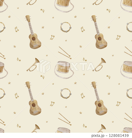 Watercolor pattern musical instruments, guitar, drum, trumpet notes. Illustration hand drawn in children's style. Seamless print beige background for textile design, fabric, wallpaper, packaging 128081439