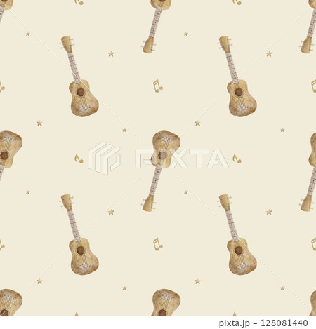 Pattern vintage guitar, balalaika, stars notes beige, watercolor illustration hand drawn. Seamless print in children's style on beige background textile, fabric, wallpaper nursery packaging clothes 128081440
