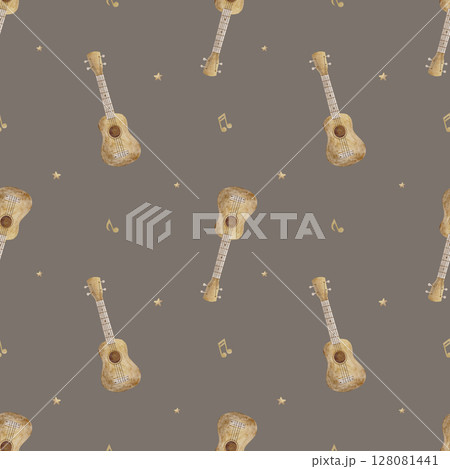 Pattern vintage guitar, balalaika, stars notes beige, watercolor illustration hand drawn. Seamless print in children's style on dark brown background textile fabric wallpaper nursery packaging clothes 128081441