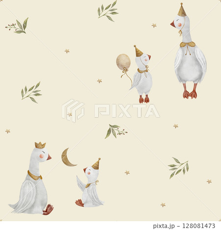 Pattern watercolor illustration geese stars moon in green leaves, berries. Goose hand drawn in retro style. Seamless print on a beige background for textile design, fabric, clothing packaging, cards 128081473