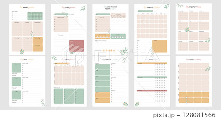 Bullet Journal Template Bundle A4 Size. Printable Daily Weekly Monthly Planner Pages with Checklist Habit Trackers and Goal Layout. Cute Vector Floral Design for Personal Organizer 128081566