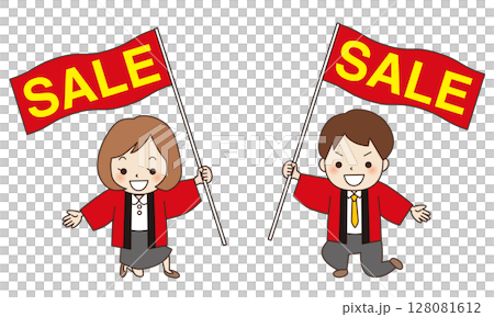 身穿法被、手持「SALE」旗幟的男女上班族 128081612