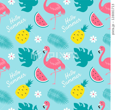 Tropical Summer Seamless Pattern with Beach Elements in Cartoon Flat Style Illustration Tropical Summer Seamless Pattern with Beach Elements in Cartoon Flat Style Illustration 128081713