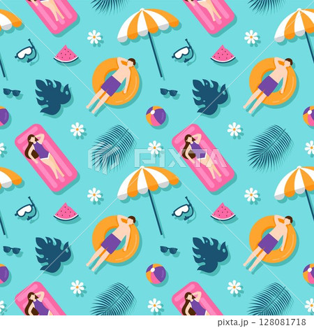 Tropical Summer Seamless Pattern with Beach Elements in Cartoon Flat Style Illustration 128081718