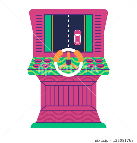 A vibrant vector illustration of a classic arcade video game cabinet screen displaying a racing car with joystick 128081768