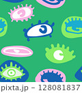 Seamless pattern of abstract colorful eyes with a playful and quirky pop-art style. Great for textile, fashion design, or funky visual backgrounds. 128081837