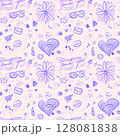 Seamless girly doodle pattern with hand drawn elements such as hearts flowers lipstick and thank you messages. Perfect for gift wrap stationery feminine branding or textile prints. 128081838