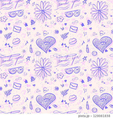 Seamless girly doodle pattern with hand drawn elements such as hearts flowers lipstick and thank you messages. Perfect for gift wrap stationery feminine branding or textile prints. 128081838