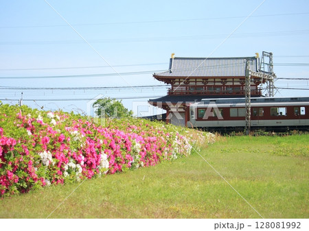 世界遺産奈良平城宮跡に復元された朱雀門前を走行する近鉄電車 128081992