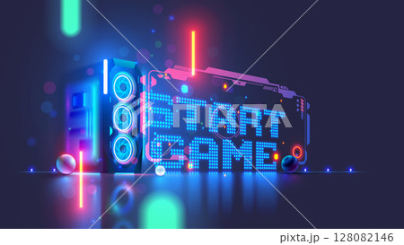 Gaming computer on the table with the inscription the start game in cyberspace. Desktop Gaming computer case or PC in neon light. Video game computer upgrade concept. Portal in video games world. Gaming computer on the table with the inscription the start game in cyberspace. Desktop Gaming computer case or PC in neon light. Video game computer upgrade concept. Portal in video games world. 128082146