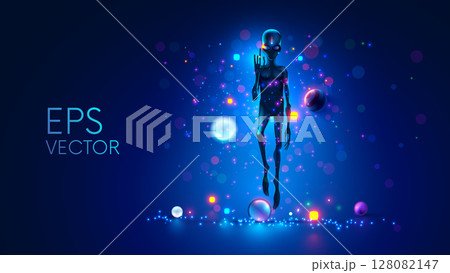 Alien shows on virtual star chart his planet in galaxy. Head of an alien with big eyes. Hands with long fingers. Silhouette of an alien hovered in air surrounded by planets. Sci-fi illustration alien. 128082147